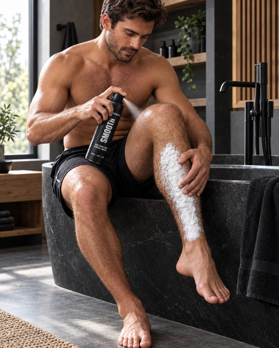 Man spraying Regenex mousse on his leg