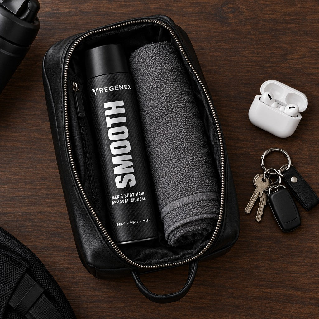 Regenex Men's Body Hair Removal Mousse in a black dopp kit