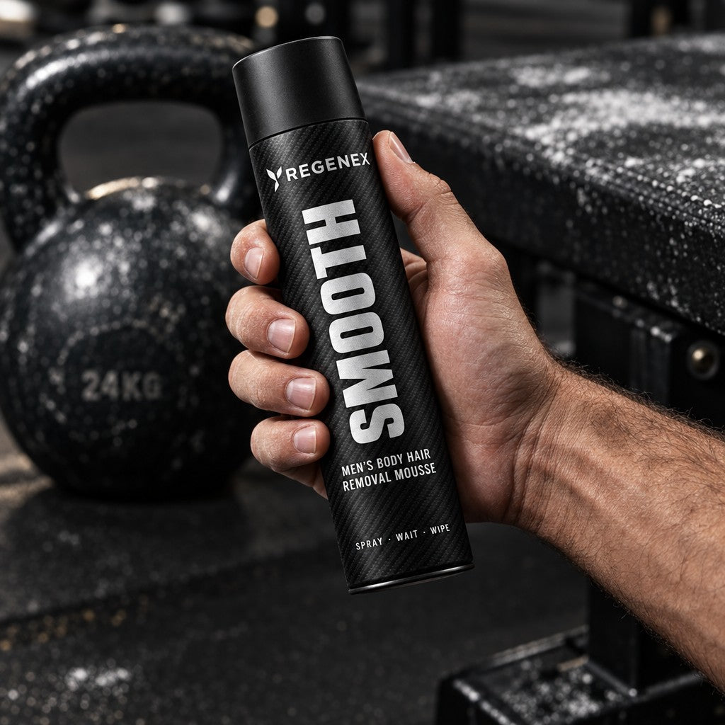 Regenex Men's Body Hair Removal Mousse held in a gym