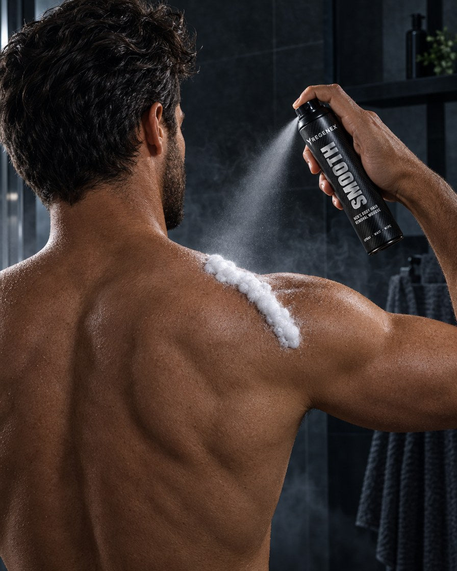 Man spraying Regenex mousse on his upper back