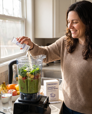 Colostrum Powder Sticks Blended into a smoothie