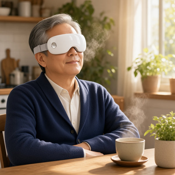 Regenex Steam Therapy Pro customer relaxing at breakfast table with steam mask over eyes